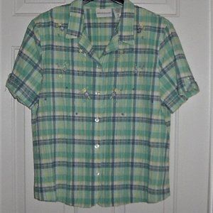 Vintage Alfred Dunner Turquoise/Blue Plaid Embroidered SS Blouse 18